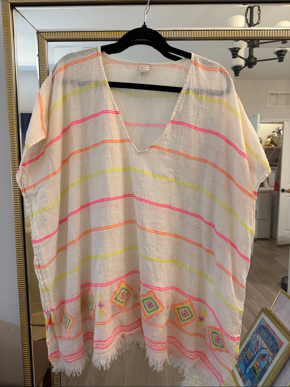 LOFT White V-Neck Striped Tunic with Neon Pink, Orange, and Yellow Accents